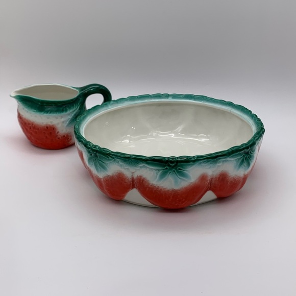 Vintage Mid Century 1950’s Majolica Salad Fruit Serving Bowl With 16 Oz Pitcher - Picture 2 of 16